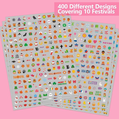 IDDFEVE Mini Nail Stickers for Kids - 1200 Pcs All Holiday Favors for Little Girl, 11 Holidays 3D Cute Halloween, Christmas Designs - DIY Home Nail Art Decals for Toddler Easter Basket (6 Sheets)