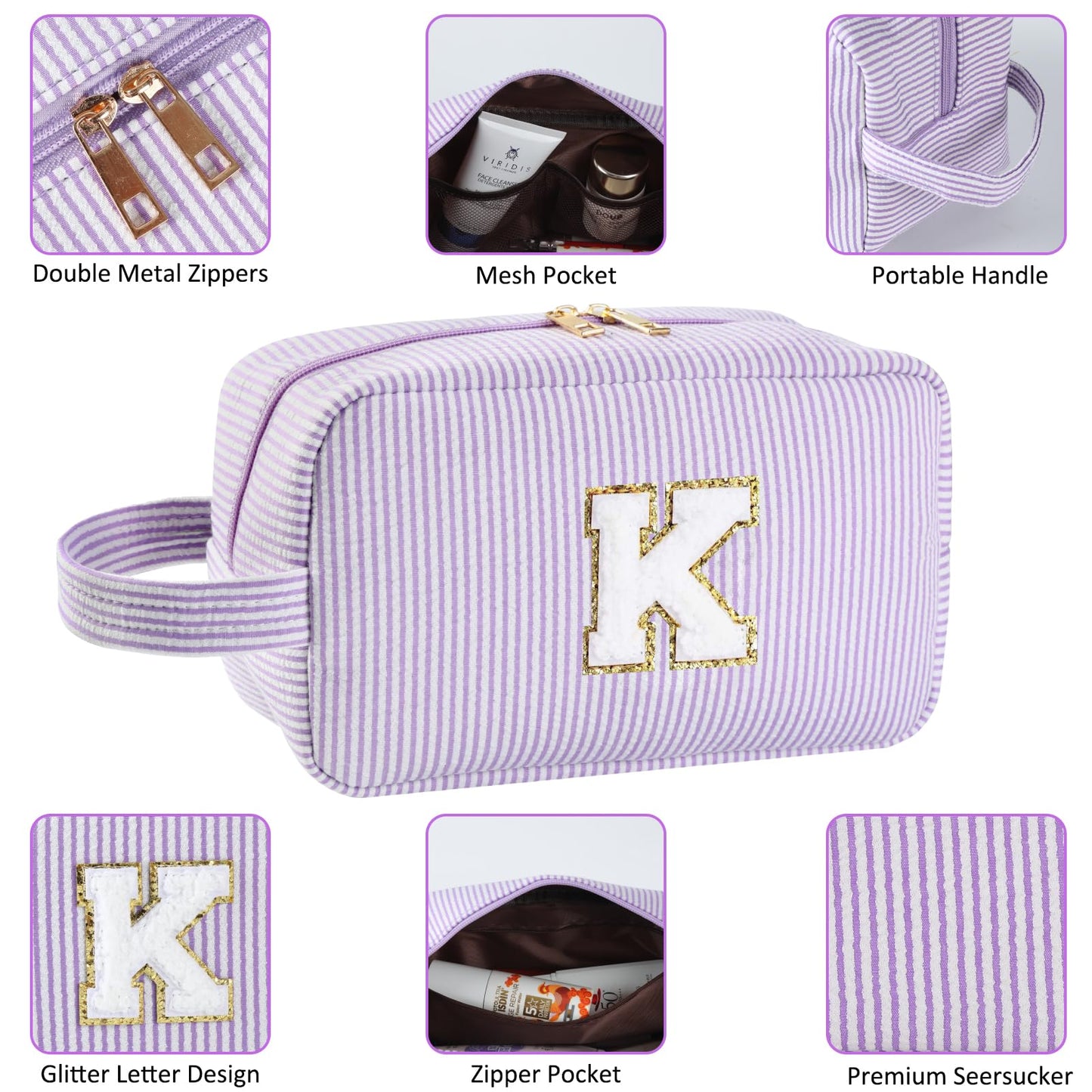 Huifen Personalized Initial Makeup Bag A-Z, Travel Toiletry Bag Monogram Make Up Bags Preppy Cosmetic Bag Cute Makeup Pouch Birthday Graduation Gifts Bags for Women Teen Girls Friends (Purple, F)