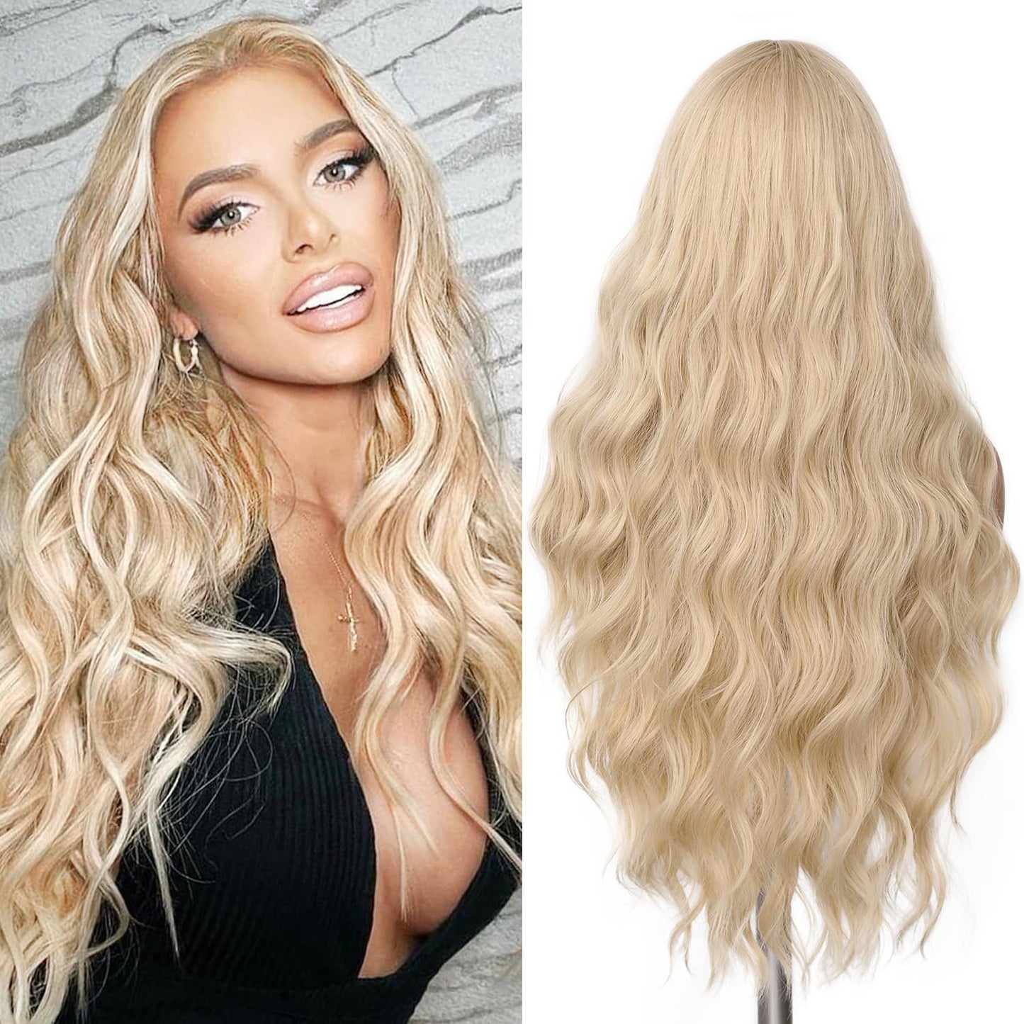 FAVE Long Blonde Wig Wavy Synthetic Wig Platinum Blonde Wig Middle Part Natural Blonde Wig Wigs for White Women