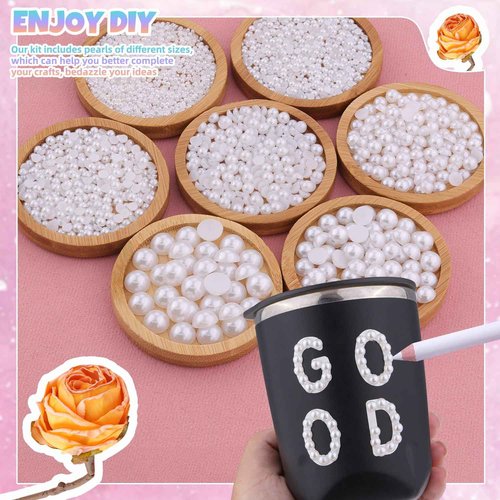 Nail Art Flat Back Half Round Pearl Kits, Mixed Sizes 6000 Pcs with B7000 Jewelry Glue White Small Pearls for Nails with Picking Tools for Graduation Cap Decorations Home DIY Body Face Craft Use