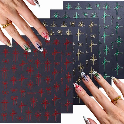 6 Pcs Christmas Gift Bow Nail Art Stickers 3D Self-Adhesive Nail Decals Gold Red Green Gift Bow-Knot Nail Stickers Winter Christmas Nail Art Supplies New Year Manicure Decoration for Women