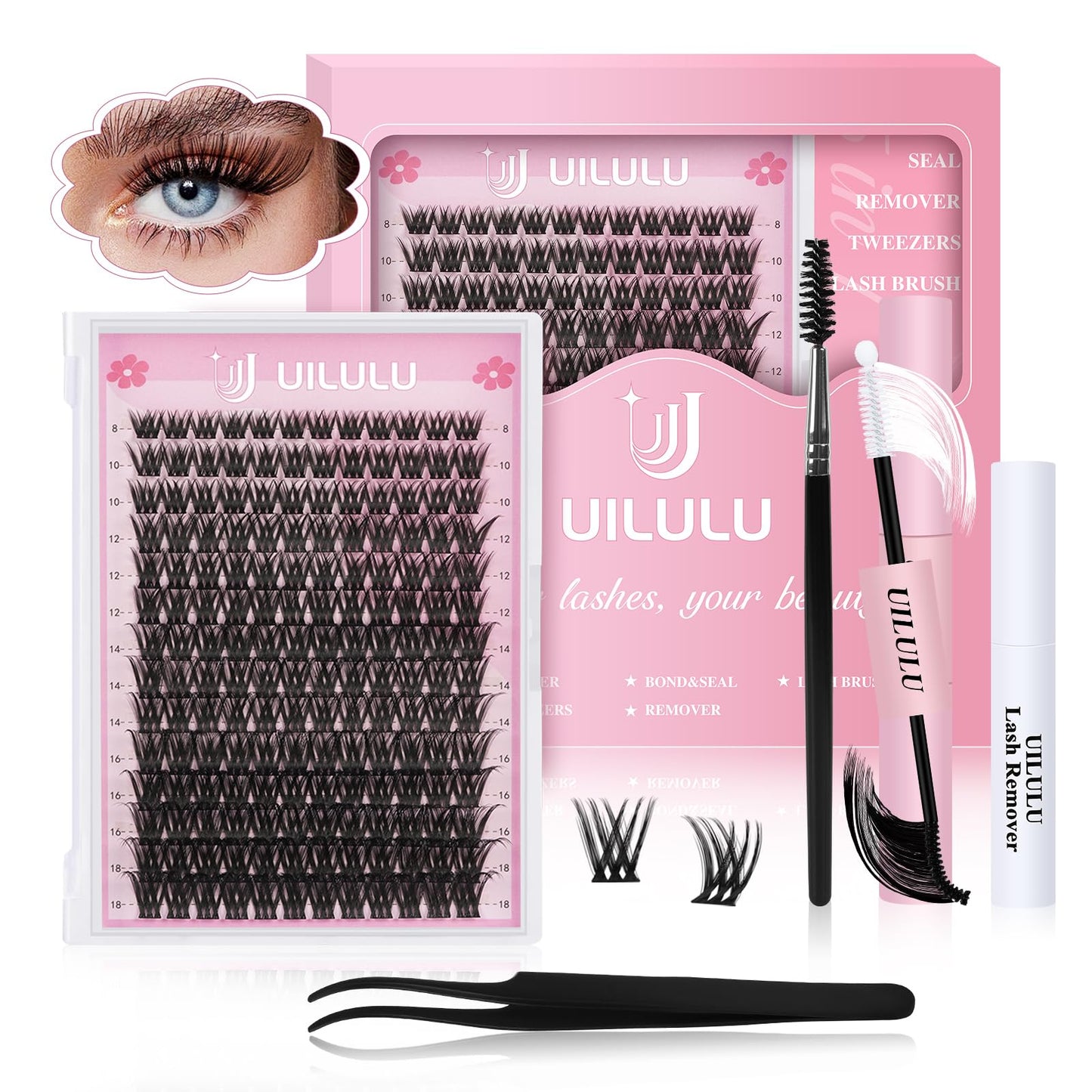 Uilulu Lash Clusters kit 8-18mm DIY Eyelash Extension Kit 168 Natural Lash Clusters 0.07D D Curl Wispy Individual Eyelash Clusters False Lashes Eye Lash Extension Lash Kits Extensions Kit