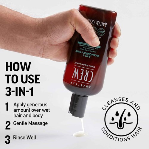 AMERICAN CREW 3-in-1 Chamomile & Pine, Shampoo, Conditioner & Body Wash for Men, Hair Care Gift for Him, Calming and Relaxing Fragrance, 33.8 fl oz