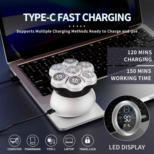 Bald Head Shavers for Men,Magnetic 7D Rotary Electric Shaver Bald Head,Cordless USB-C Rechargeable Face Beard Razors,IPX6 Waterproof Wet/Dry Shaving with LED Display
