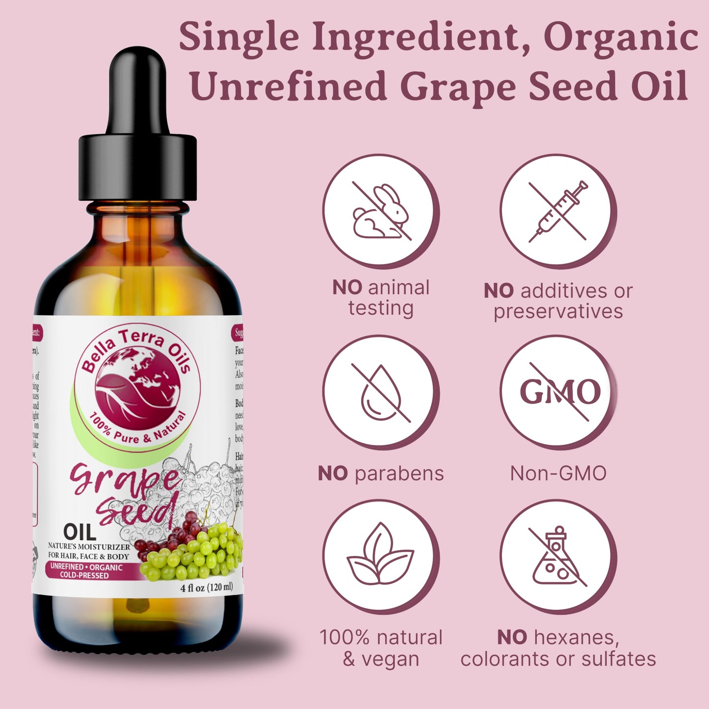 Bella Terra Oils - Organic Grape Seed Oil 2oz - A Symphony of Vitamins & Fatty Acids, Cold-Pressed, Unveiling Organic Grape's Skin-Enriching Secrets