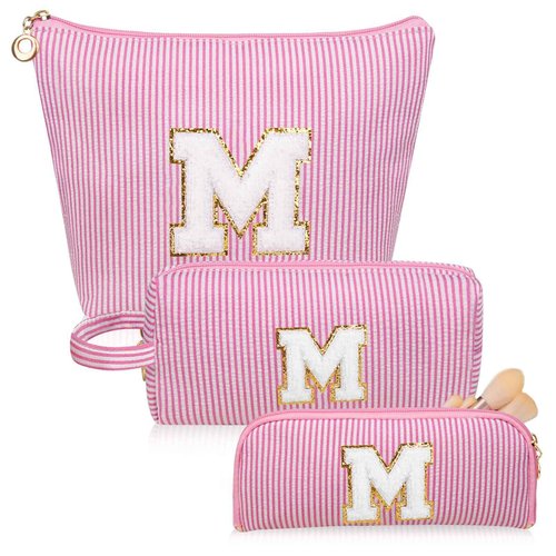 Junesters Initials Makeup Bag Set, Personalized Pink Cosmetic Bag, Cute Large Make up Bags, Travel Toiletry Bag for Women Girl Gifts M (Pink)