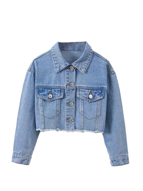 Verdusa Girl's Raw Hem Crop Denim Jacket Long Sleeve Shacket Single Breasted Spring Fall Outerwear Light Blue 12 Years