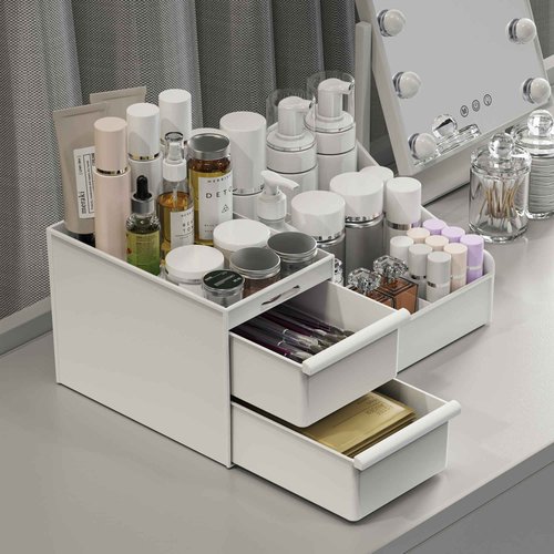 DancesCat Makeup Organizer Countertop, Vanity Organizer with 2 Drawers for Cosmetics, Skincare, Brushes, Perfume, Skincare Organizer for Vanity, Perfume Organizer for Dresser, Bathroom (White)