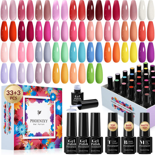 phoenixy Gel Nail Polish Kit - 36Pcs Gel Polish Kit All Seasons Colors Matte Top Base Coat Nail Polish Set Green Blue Red Pink Collection Gifts for Women Glass Bottle 5 ml/0.17 oz.