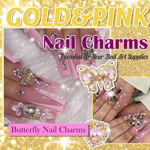 40 PCS Gold Nail Charms Set Pink Rhinestone Butterfly Nail Gems Cherry Rose Cross Heart Charms for Nails Planet Bow Nail Decorations for Nail Design Nail Art Supply