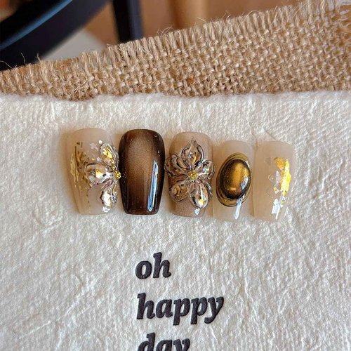 1 Sheet Brown Flower Nail Stickers Embossed Floral Nail Art Decals, 5D Self Adhesive Nail Decals Stickers for Women DIY Spring Manicure Decoration Supplies for Acrylic Nails