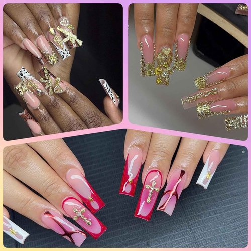 OPMADM 64 Pcs Gold Nail Charms and Gems Y2k Charms for Nails Design Metal Nail Jewels for Nail Art 3D Nail Bow Cherry Butterfly Star Cross Heart Money