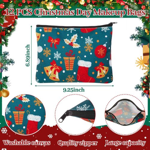 Kacctyen 24 Pcs Christmas Cosmetic Bags and Keychains for Women Makeup Bags with Zipper Santa Snowman Bells Candy Cane Keychain Toiletry Organizer for Christmas Party Favor Xmas Gifts