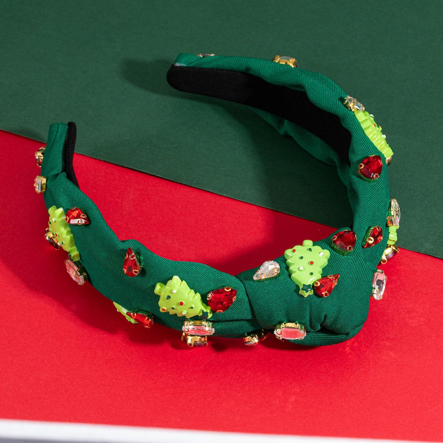 Christmas Rhinestone Knotted Jeweled Headband for Women Crystal Pearl Embellished Mixed Top Hairband ladies Twist Wide Hair Band Accessories Fashion Elegant Ladies Hairband Gifts (Xmas-green tree)