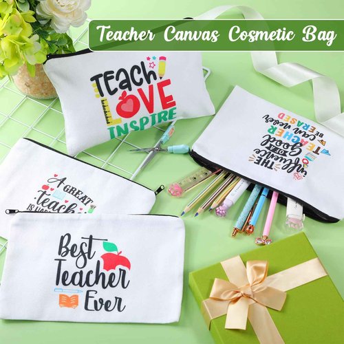 Kajaia 12 Pcs Teacher Gifts Makeup Bags Teacher Appreciation Travel Toiletry Canvas Cosmetic Pencil Survival Kit Bag for Women Zipper Pouch Bag Thank You Gifts Bulk (Warm Words)