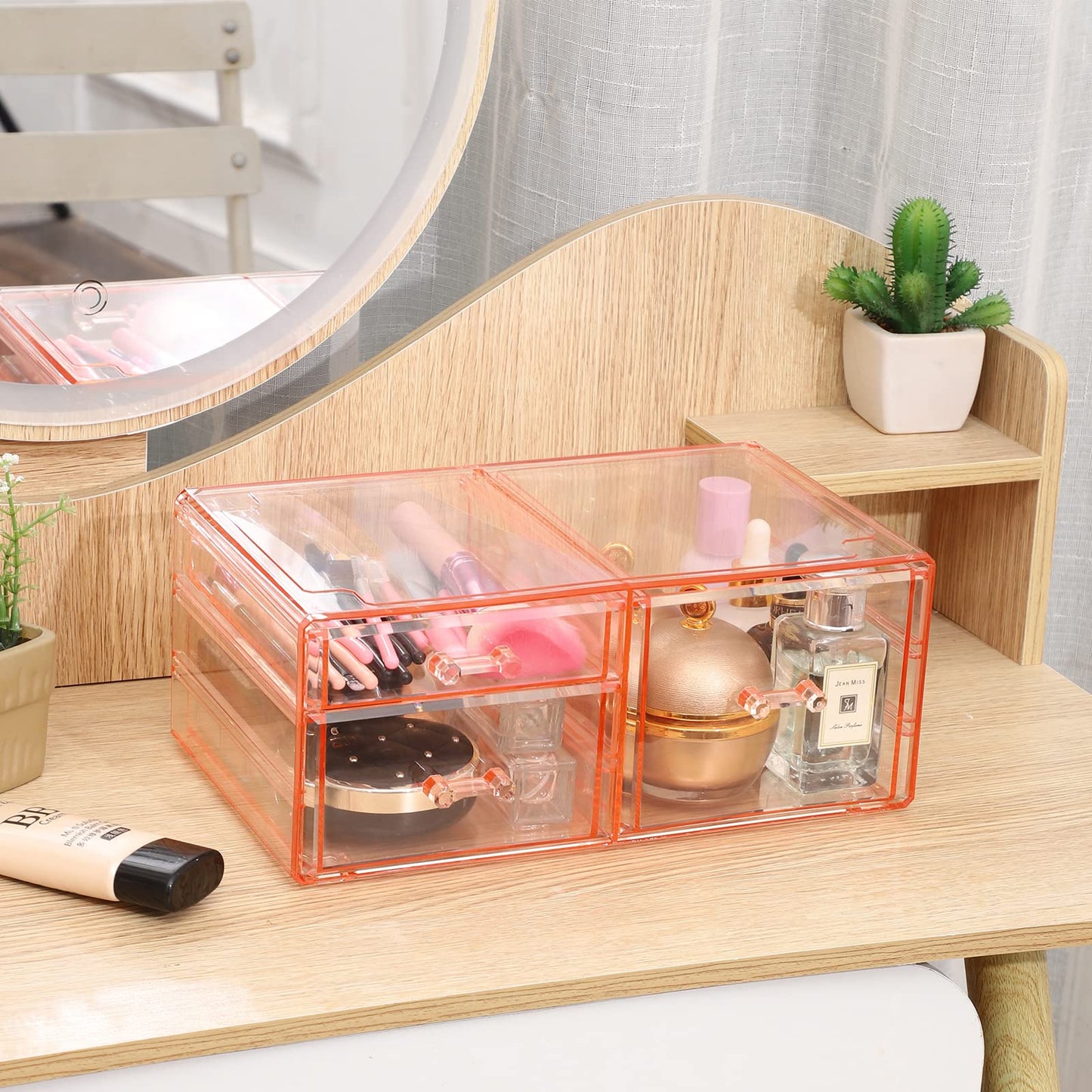 Cq acrylic 1 Pack Clear Desk Organizer With Drawers,Stackable 2 Drawers Skincare Organizer,Cute Skin Care Organizer for Vanity Hair Clip,Jewelry,Beauty Product Desk and Makeup Organizer Countertop