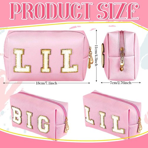 Hillban 2 Pieces Big Little Sorority Gifts Preppy Cosmetic Bag PU Leather Letter Patch Makeup Bag Portable Preppy Purse with Zipper Pouch Waterproof Travel Organizer for Women(Pink)