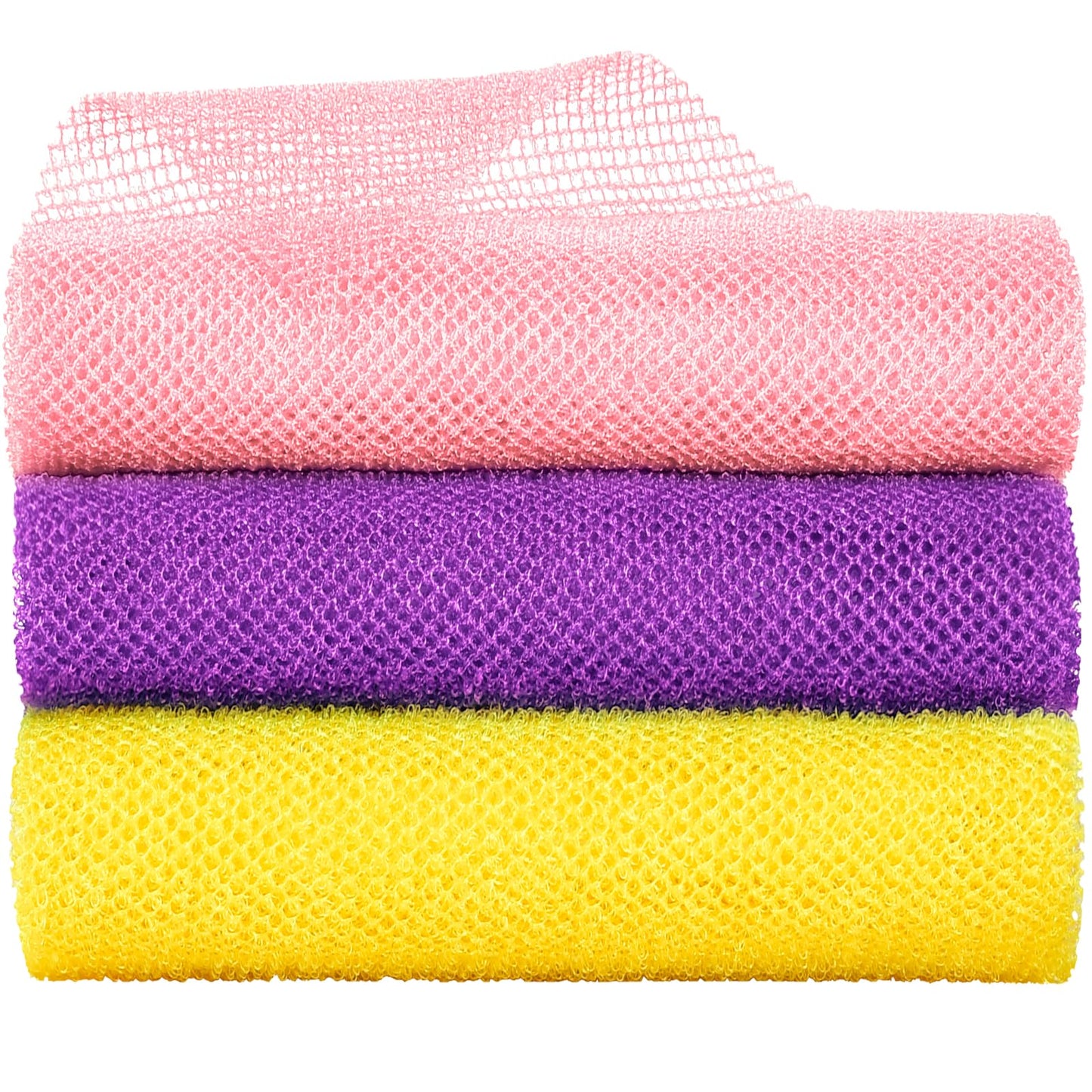 Metene 3 Pieces African Exfoliating Net, Colorful African Net Cloth, Long African Net Sponge Body Scrubber for Use in Shower, Bath Shower Wash Cloth for Skin Smoother Daily Use (Pink,Purple,Yellow)