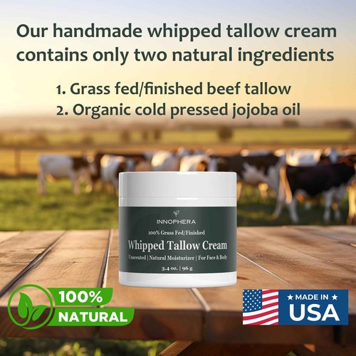 Innophera Whipped Beef Tallow Cream for Skin Care ‒ Grass Fed & Grass Finished ‒ 100% Natural Moisturizer for Sensitive Skin ‒ Handmade Face & Body Lotion ‒ Unscented & Odorless ‒ 3.4 oz.