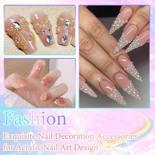 RODAKY 2 Boxes Metal Nail Beads and Flatback Pearls,Metal Silver & Gold Beads Nail Supplies Small Round Caviar Beads Nail Gems,White & Beige Half Pearl for Nail Jewelry DIY Nail Art Décor