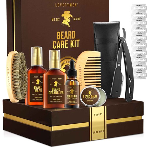 Christmas Gifts for Men, Beard Care Kit for Men, Sandalwood Mens Grooming Kit with Straight Edge Razor, Beard Oil, Balm, Wash, Detangler, Brush & More - 11pc Birthday Gift for Him, Dad, Boyfriend