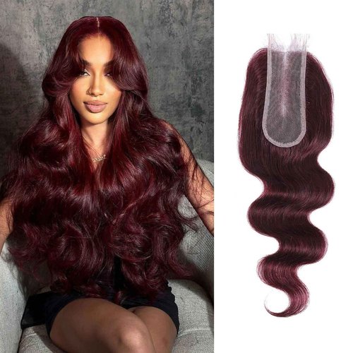 DSEKCAIN 2x6 HD Lace Closure Human Hair Body Wave 99J Burgundy Dark Red Wine Color Transparent Lace Closure 2x6 Long Deep Middle Part 100% Raw Virgin Human Hair 12 Inch 150% Density