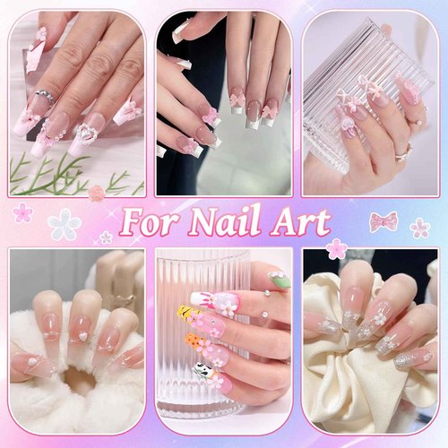 2 Boxes 3D Bow Nail Charms and Gems, Pink White Bows Flowers Heart Petals Nail Art Charms Gold Silver Alloy Bowknot Butterfly for Nails Flatback Pearls Rhinestones Caviar Beads for Women Nail Design