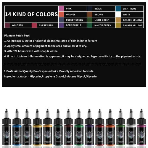 Tuffking Tattoo Ink Set 1/2 oz Pigment Tatoo Ink Professional Tattoo Ink Color Set 14 Colors(14 Colors 15ml)