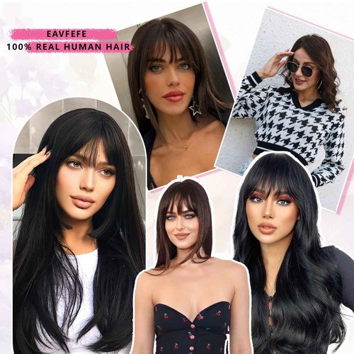 EAVFEFE 14" Long Hair Toppers for Women - Real Human Hair 4# Medium Brown, 360° Full Cover with Bangs & 2 Clips | Volumizing for Thinning Hair (14in 4#)