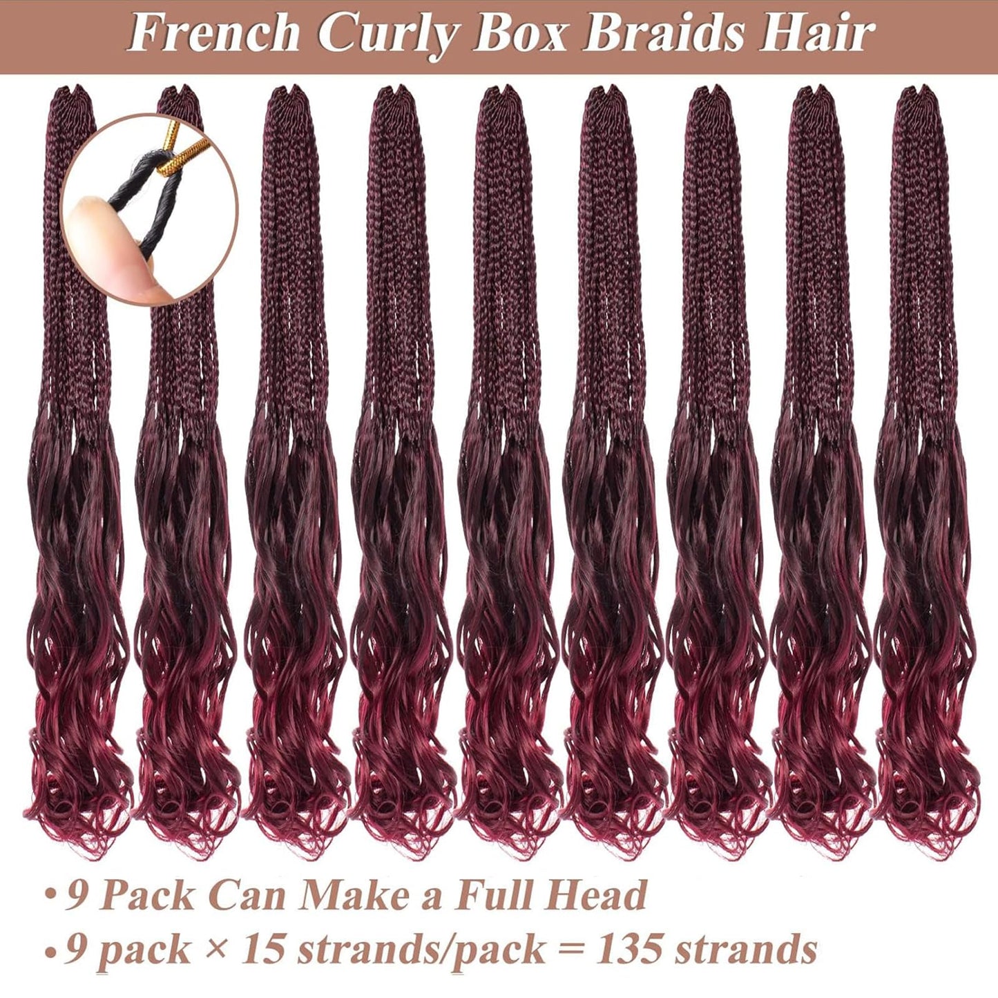 RuiYok 9 Packs 14 Inch French Curl Crochet Braids Ombre Burgundy Bohemian Goddess Box Braids Red Pre Looped Synthetic Curly Crochet Hair for Women