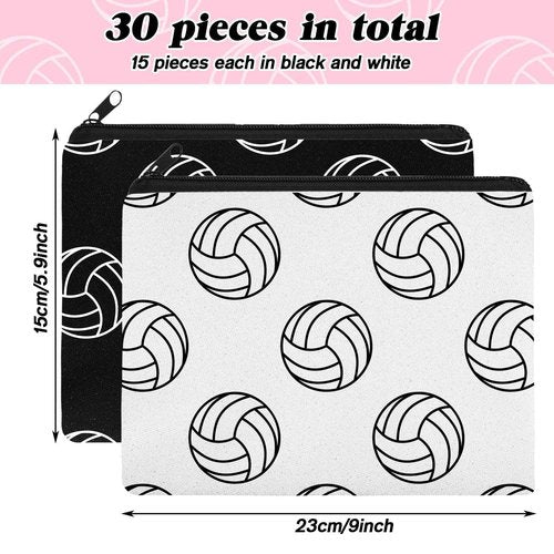 Irenare 30 Pcs Volleyball Cosmetic Bag Gifts for Women Stuff Volleyball Players Teams Travel Pouch Canvas Makeup Bags for Team Gifts(Black, White,Volleyball)