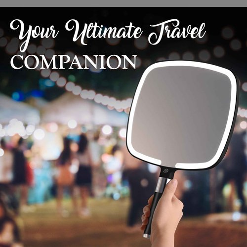 MIRRORVANA Lighted Travel Makeup Mirror - 2 in 1 Handheld & Tabletop LED Mirror with 3 Light Modes, Detachable Stand, and Comfy Handle - 9" x 13" (Black)
