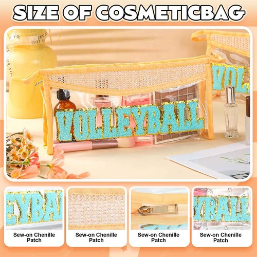 SilTriangle 6 Pcs Volleyball Makeup Bag for Women Christmas Straw Initial Letter Personalized Cosmetic Bag Cute Chenille Makeup with Zipper Travel Toiletry Gift for Women Girls Birthday Friend