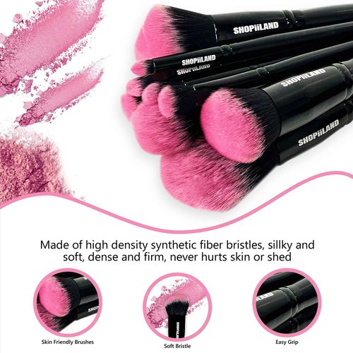 SHOPiiLAND 18-Piece Vegan Makeup Brush Set – Black & Pink Case, Soft Synthetic Bristles, Cruelty-Free, Ideal for Liquid, Powder, Cream & Bronzer; Includes Kabuki, Blender, Blush & Eyeshadow Brushes