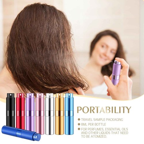 Honeydak 16 Pack 8 ml Refillable Perfume Atomizer Mini Refillable Spray Travel Bottles Empty Cologne Sprayer Portable Fragrance Atomizer with Funnel, Dispenser, Pipettes, Bag(Multicolor)