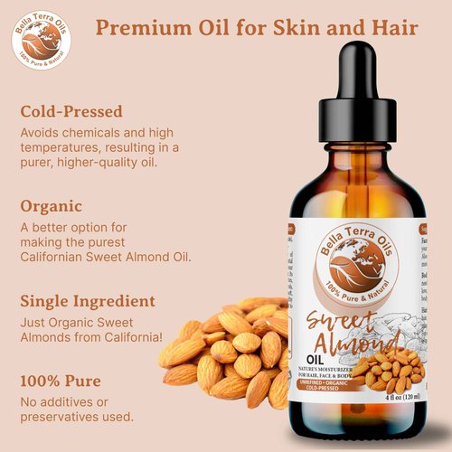 Bella Terra Oils - Organic Sweet Almond Oil 16oz - Purity Meets Luxury with Almond’s Vitamin B & Minerals, Cold-Pressed Elixir for Mesmerizing Skin