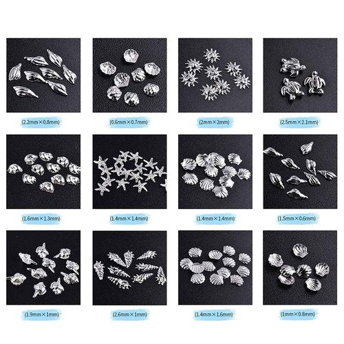 HYWWPFLAY 2 Disc 3D Silver Nail Charms, Beach Starfish Sea Seashell Nail Art Studs Rivet Alloy 3D Nail Gems Metallic Jewelry Decoration for Manicure DIY Nail Accessories (12 Style-Ocean)