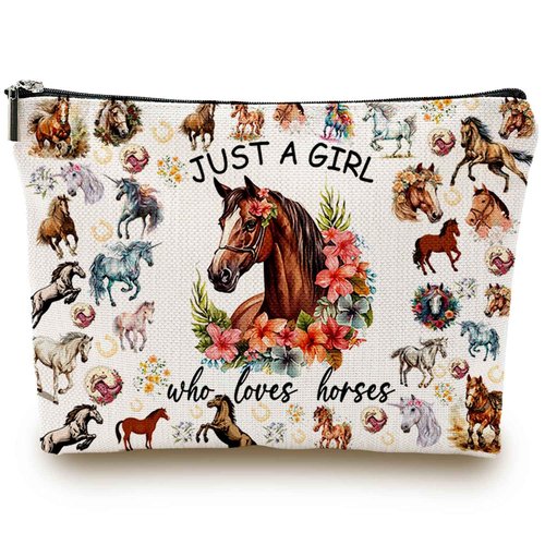 SHLINCO Equestrian Makeup Bag - Cute Horse Print Cosmetic Pouch for Girls & Teens | Horse Lover Gifts for Women, Birthday Gift | Travel Toiletry Organizer Accessories