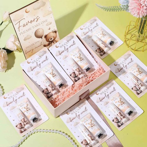 Dansib 30 Set Gender Reveal Gifts for Guests 30 Pcs Bear Baby Shower Hand Cream and 30 Pcs Lip Balm with 1 Wooden Stand Baby Shower Games Prizes Party Favors for Guests for Gender Reveal Souvenirs