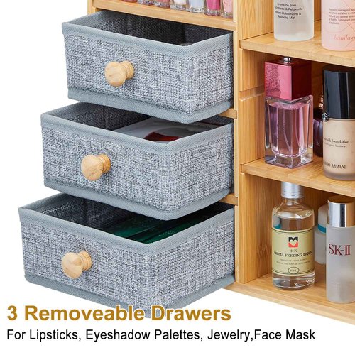 Large Bamboo Makeup Organizer For Vanity, Large Capacity 3 Tiers Bamboo Bathroom Counter Organizers and Storage, Countertop Make Up Skin Care Holder with 3 Brush Holders 3 Drawers 7 Compartments