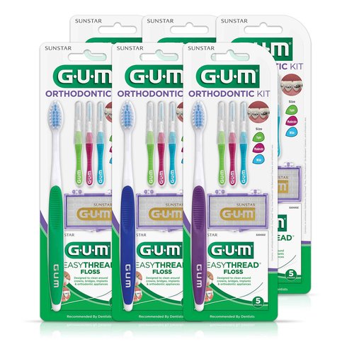GUM Orthodontic Kit – Features Orthodontic Toothbrush, 3 Proxabrush Sizes and shred-resistant EasyThread Floss, and Mint Ortho Wax, 6pk