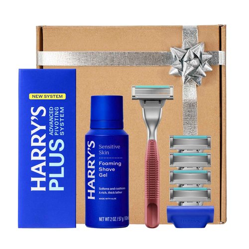 HARRY'S PLUS: Shaving Kit for Men – Gift Box with Premium Handle, 5 Razor Blade Cartridges, 2 oz Foaming Shave Gel & Travel Cover, Advanced Pivoting System – Clay