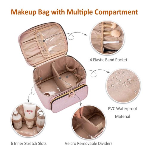 TBTOTRA Travel Makeup Bag with Jewelry Organizer, Large Cosmetic Case, Waterproof Toiletry Bag for Cosmetics, Brushes, and Tools, Pink