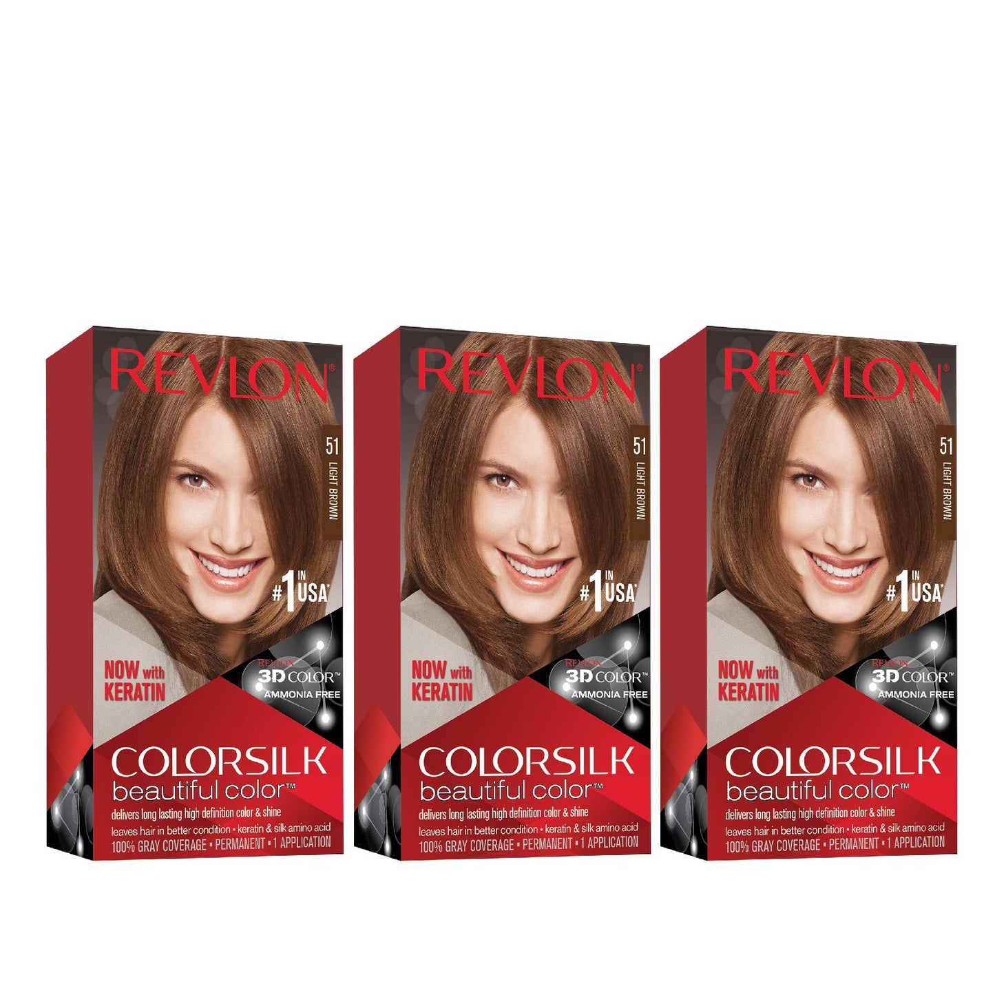 Revlon Colorsilk Beautiful Color Permanent Hair Color with 3D Gel Technology & Keratin, 100% Gray Coverage Hair Dye, 51 Light Brown, Pack of 3