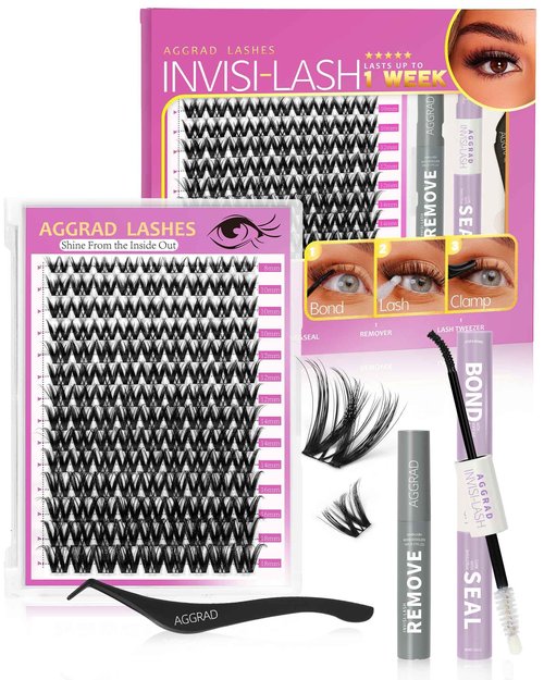 Flora Lash Clusters Kit Wispy Fluffy 8-18mm Hybrid Volume Eyelashes Cluster Extension Kit D Curl Individual DIY False Lash Extension Kit with Lash Bond and Seal, Thin Invisible Black Lash Band