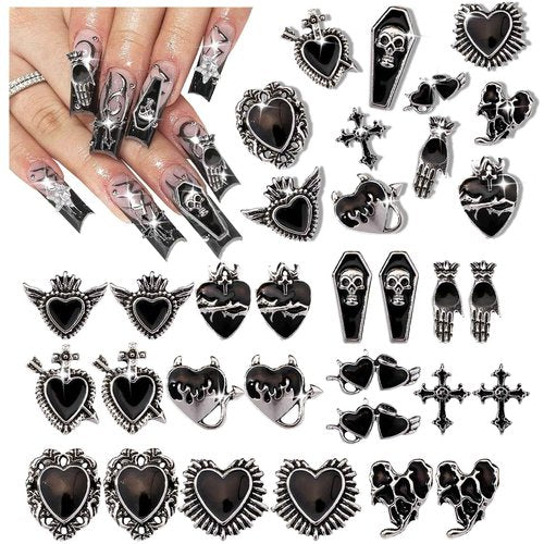 Y2K 3D Chrome Gem Nail Charms - Black Gothic Set with Cross, Heart, Tombstone, Red & Retro Designs - DIY Bracelet Charms（Black） (Black+Silver)