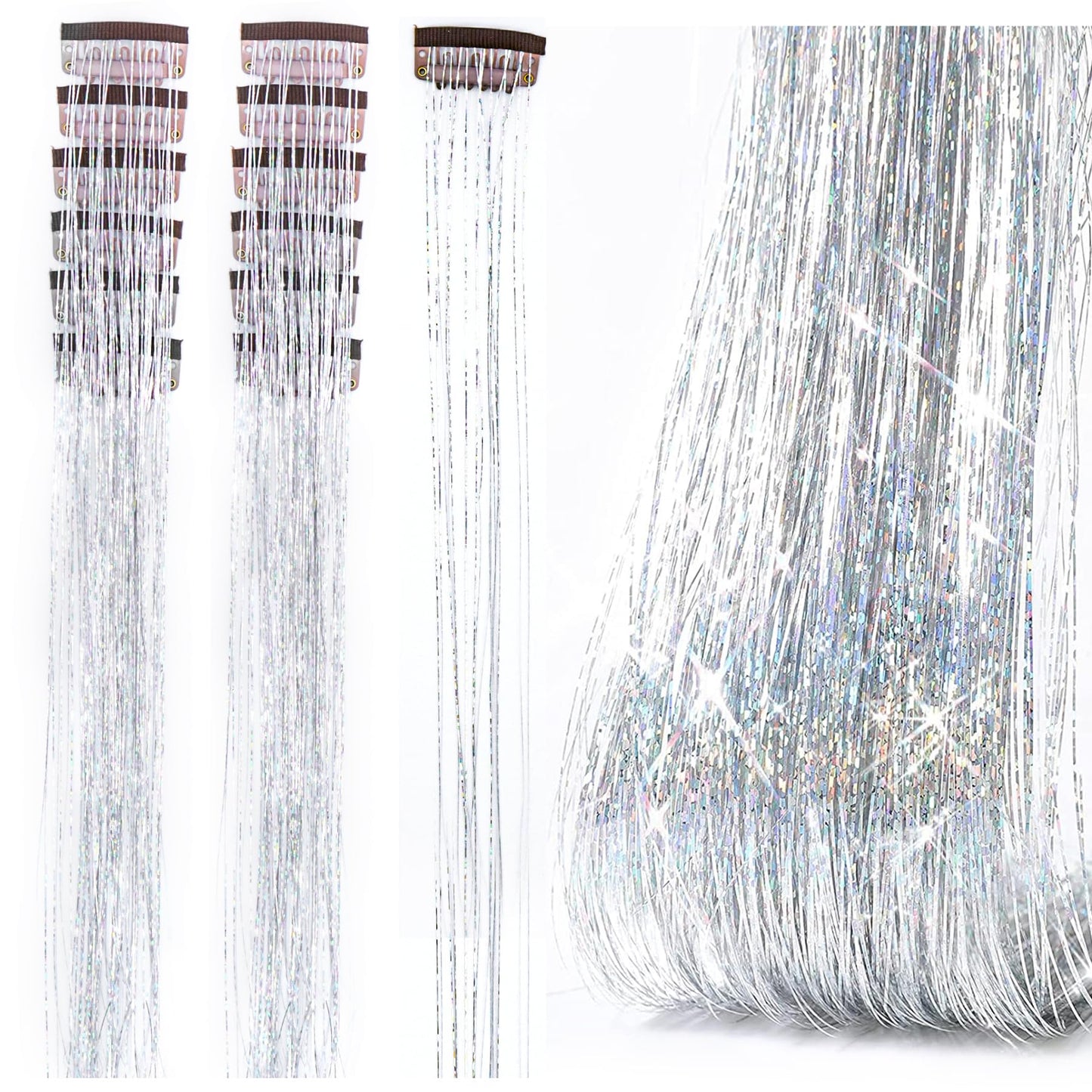 Huyerdo 12PCS Clip in Hair Tinsel Kit, 20.8 Inch Clip on Hair Tinsel Heat Resistant, Fairy Tinsel Hair Extension for Festival Gift Party, Dazzle Hair Accessories for Women Girls（Silver）