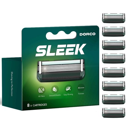 DORCO SLEEK Six Blade Razor System with Multi-Flex Technology Refill Set, Precision Shaving Razor Replacement Cartridge (8 Pack)