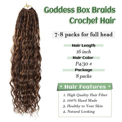 Eerya 8 Packs Boho Goddess Box Braids Crochet Hair for Black Women 16 inch Pre-looped Bohemian Crochet Box Braids With Curly Ends Synthetic Crochet Hair Extensions (16 inch, P4/30)