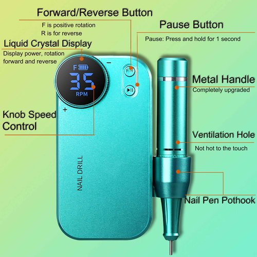35000RPM Professional Portable Nail Drill Electric File Rechargeable Nail E File Machine with Bits & Clean Brush for Acrylic Nails Remove Nail Gel Polish Manicure for Salon Home,Cordless(Blue Purple)